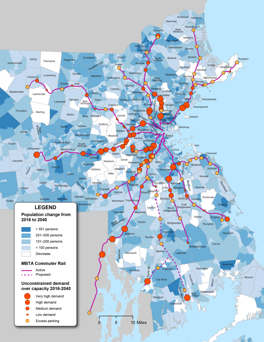 Figure 1: Commuter Rail – 2040 No-Build Scenario: Parking Demand over Existing Capacity
Figure 1 is a map of eastern Massachusetts that depicts the projected change in population for municipalities from 2016 to 2040. An overlay shows the active and proposed MBTA commuter rail lines. Another overlay shows the amount of demand (from low to very high) for parking at commuter rail stations, as well as stations with excess parking, for the period from 2016 to 2040.